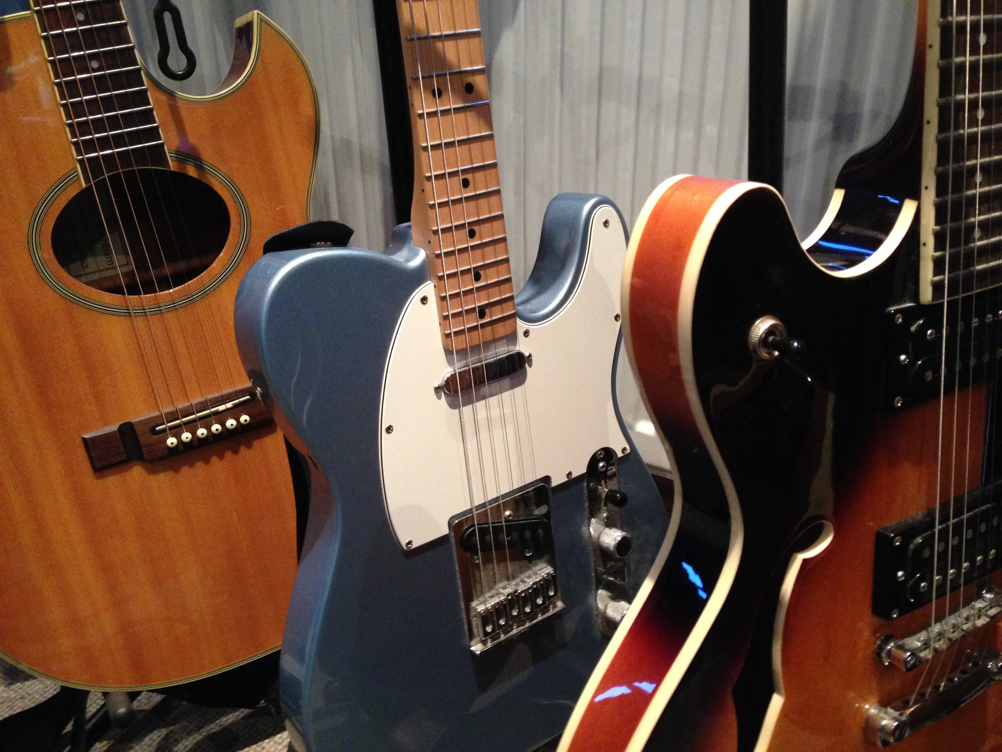 Row of guitars in the Potting Shed studio